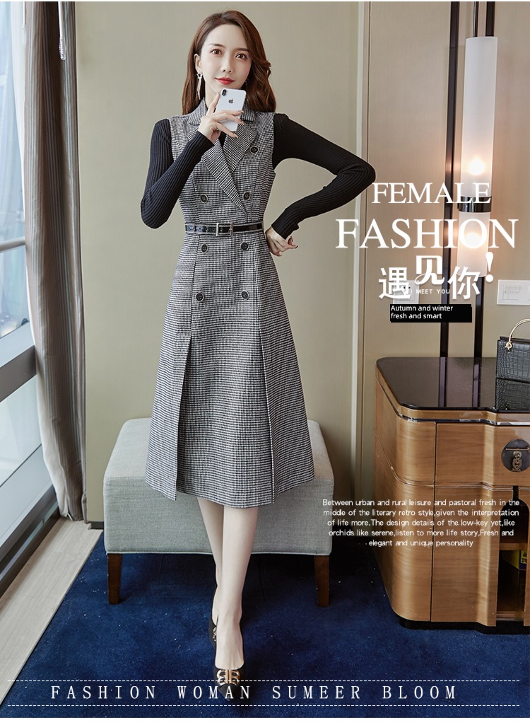 Autumn and winter houndstooth  Vest skirt temperament Wool tailored collar