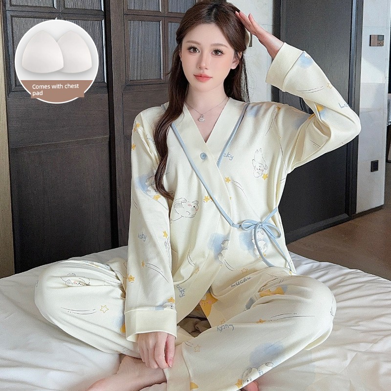 Simple Style Maternity Pajamas with Chest Pads, Pure Cotton, Thin Summer and Autumn Postpartum Nursing Sleepwear for Pregnant Women, All-Cotton for Autumn — 8
