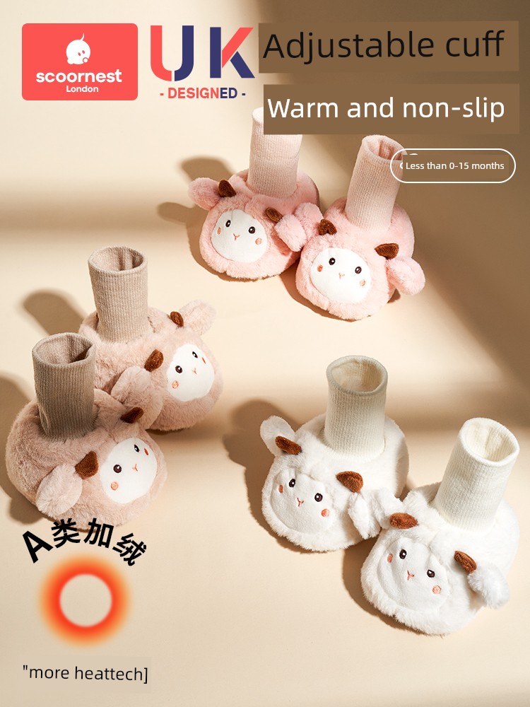 Baby Shoes for 6 to 12 Months, Autumn and Winter Models, 0-3 Months Shoes and Socks, Pre-Walking Shoes, Soft Sole, Non-Slip, Toddler Cotton Shoes with Fleece Lining