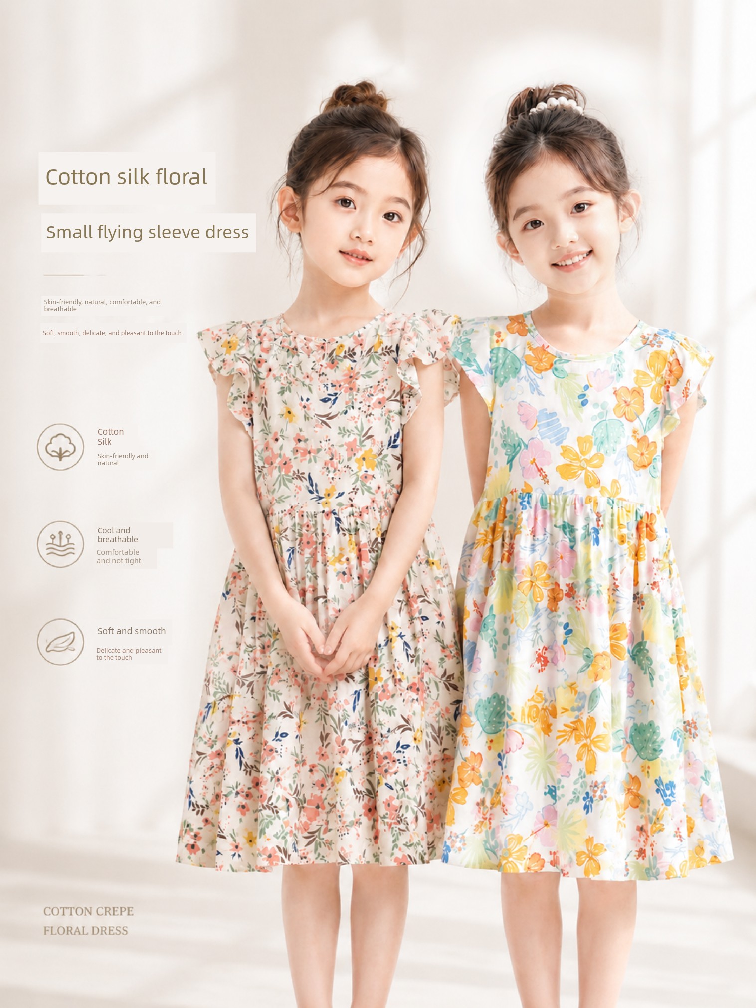 Summer Flying Sleeve Floral Children's Noil Poplin Dress