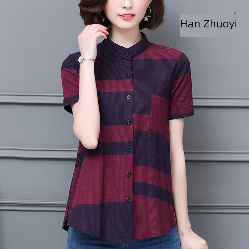 ma'am summer wear easy Cover your belly Retro flax shirt