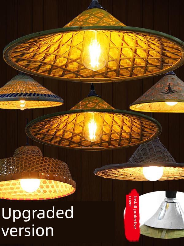Straw Hat Lampshade Farmhouse Hot Pot Restaurant Decoration Creative Retro Bamboo Woven Hanging Lampshade Rattan Art Restaurant Hanging Lampshade