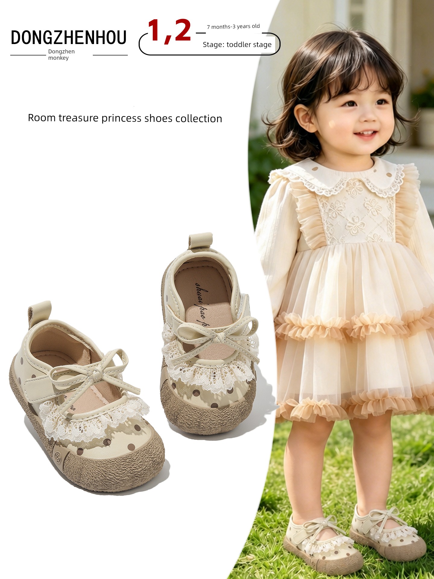 Dongzhen Monkey Girl Baby Princess Shoes Soft Sole Cute Cartoon Style Children's Shoes Lightweight Breathable Girls' Soft Sole Toddler Shoes