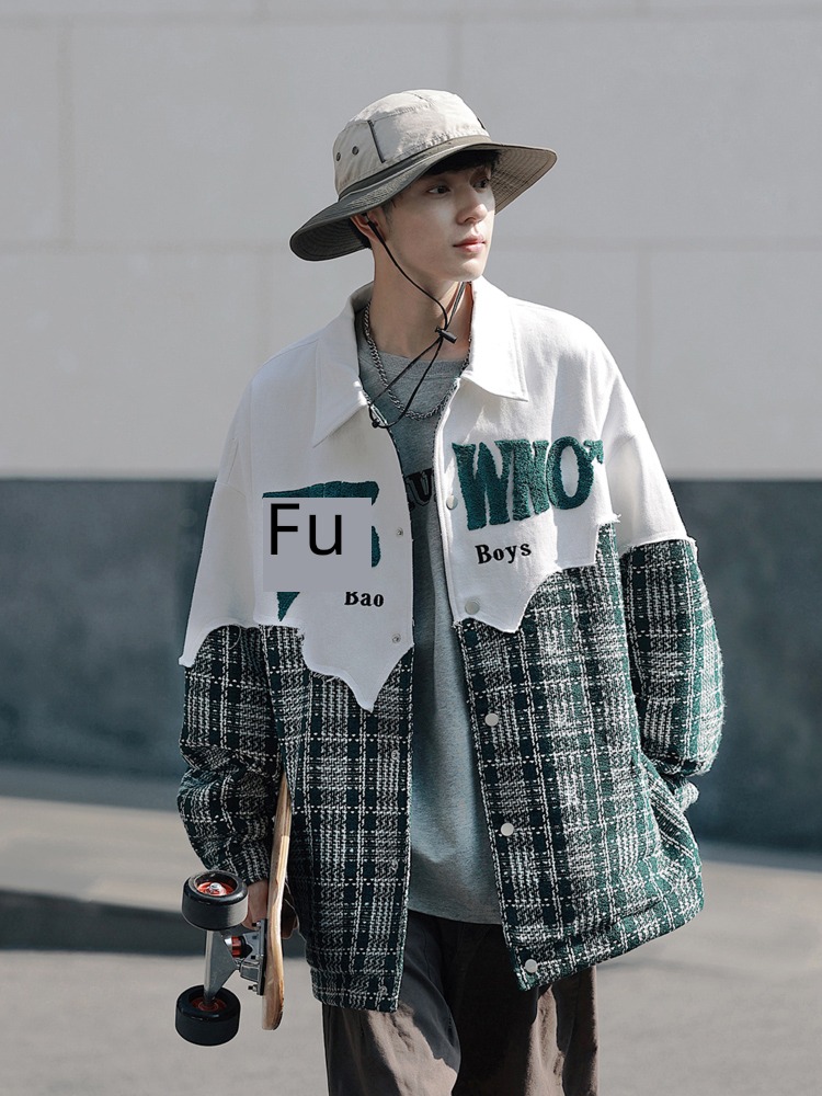 Chaopai lattice vibe Lapel Wool loose coat mlb