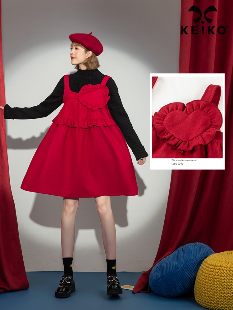 fold Wool Autumn style Sweet A-line skirt lace