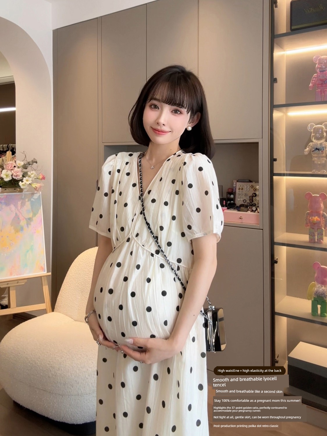 Cat Single【Tees River Romance】Nana's Maternity Wear: Stylish Polka Dot Long Dress for Summer