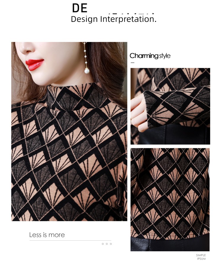 Undershirt female Autumn and winter Foreign style fashionable fashion 2022 new pattern lattice printing High collar Plush thickening keep warm T-shirt