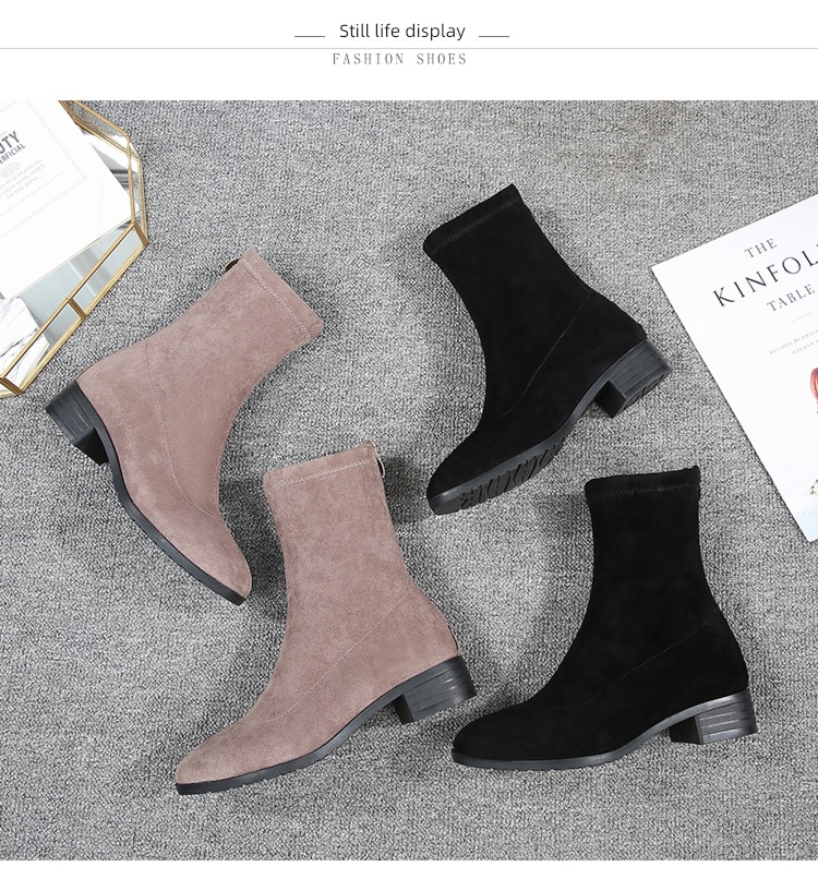 Thick heel Show thin Big size black Versatile Socks Short boots