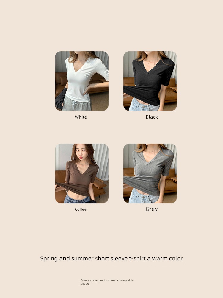 modal  Middle sleeve Early autumn Inner lap white V-neck T-shirt