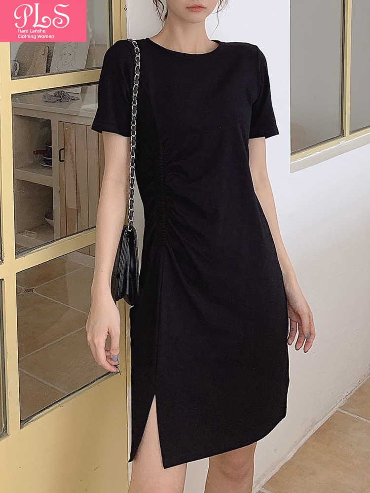 fold Round neck Pure white Self-cultivation Fork Short sleeve Dress