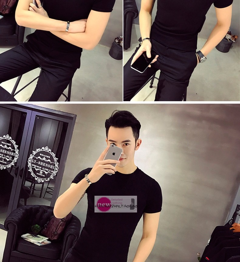 tide Tight fitting man Small round neck Solid color Short sleeve T-shirt