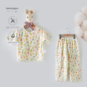 Naduoguo Kidsren's Short-Sleeved Pants Suit, Cotton Gauze, Breathable and Cool, Baby Class a Summer Two-Piece Set