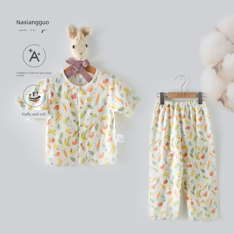 Naduoguo Kidsren's Short-Sleeved Pants Suit, Cotton Gauze, Breathable and Cool, Baby Class a Summer Two-Piece Set