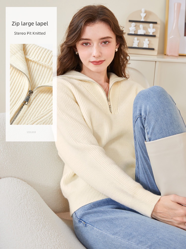 Tricolor winter Solid color Lapel Half zipper Inner lap sweater