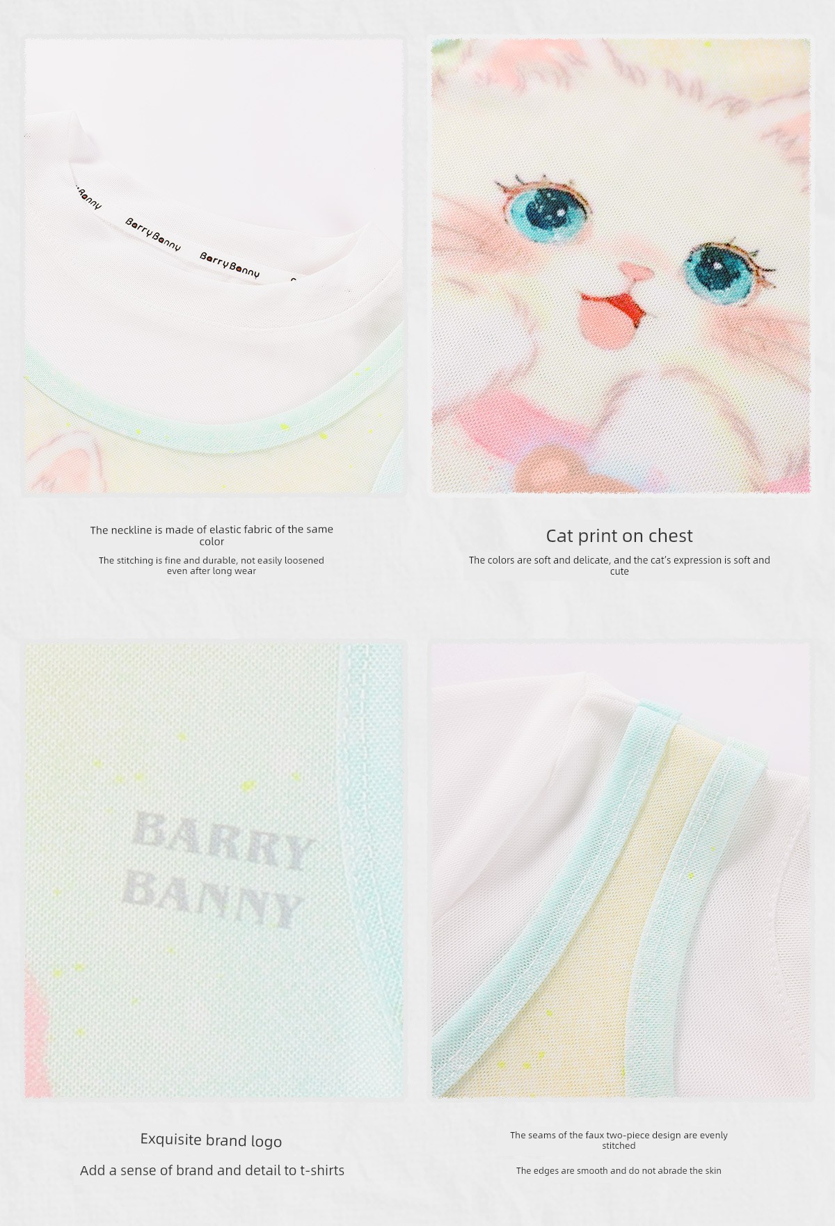 Barrybanny Girls' Cat Breathable T-Shirt 2026 Summer New Style Kidsren's Fake Two-Piece Lightweight Short-Sleeved Top — 17
