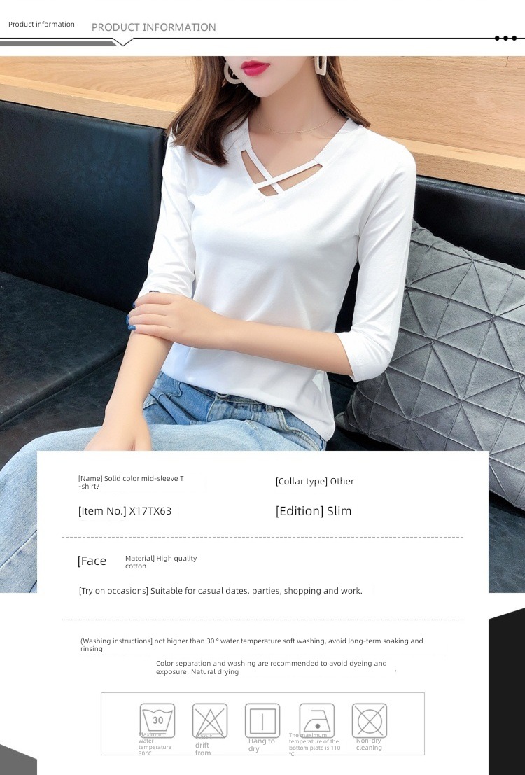 pure cotton Medium long sleeve V-neck T-shirt ma'am spring and autumn Black and white Undershirt jacket 2021 new pattern Self-cultivation Inner lap Thin money