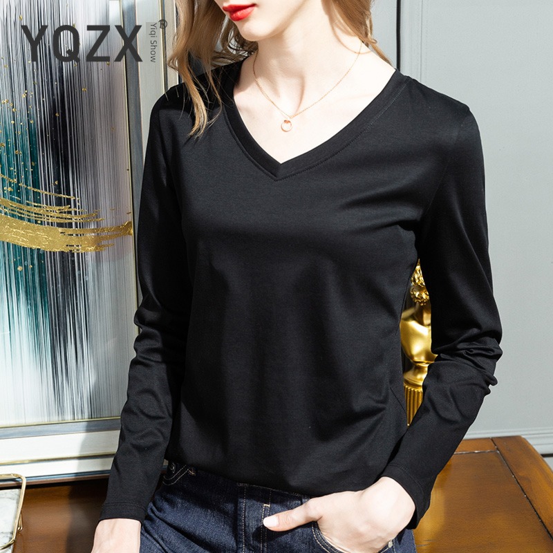 Women's wear Mercerized cotton Long sleeve spring and autumn Inner lap V-neck T-shirt
