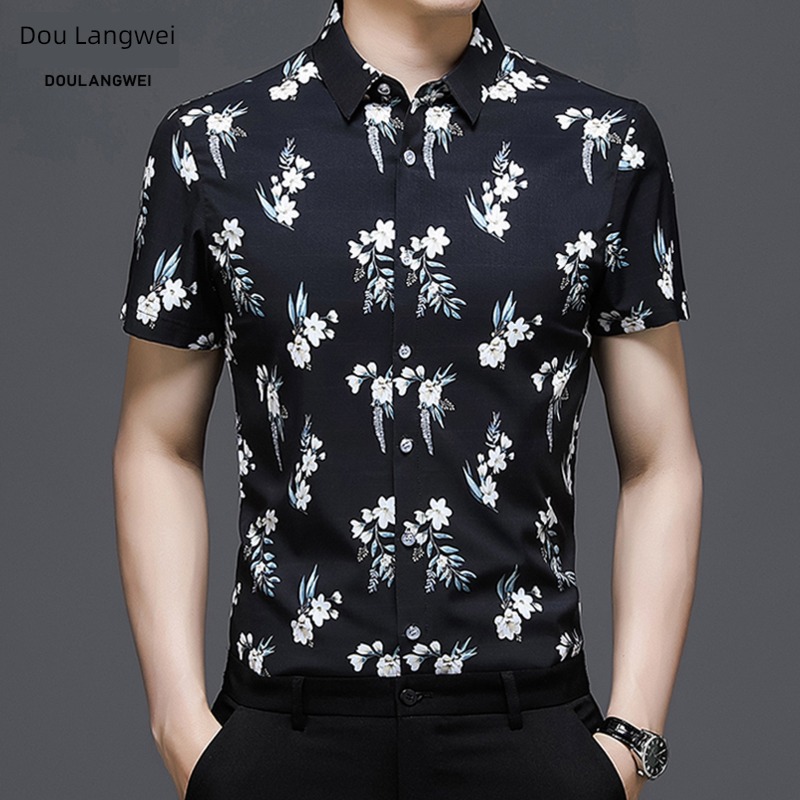 tide Hawaii Ice silk elastic force leisure time printing Short sleeve