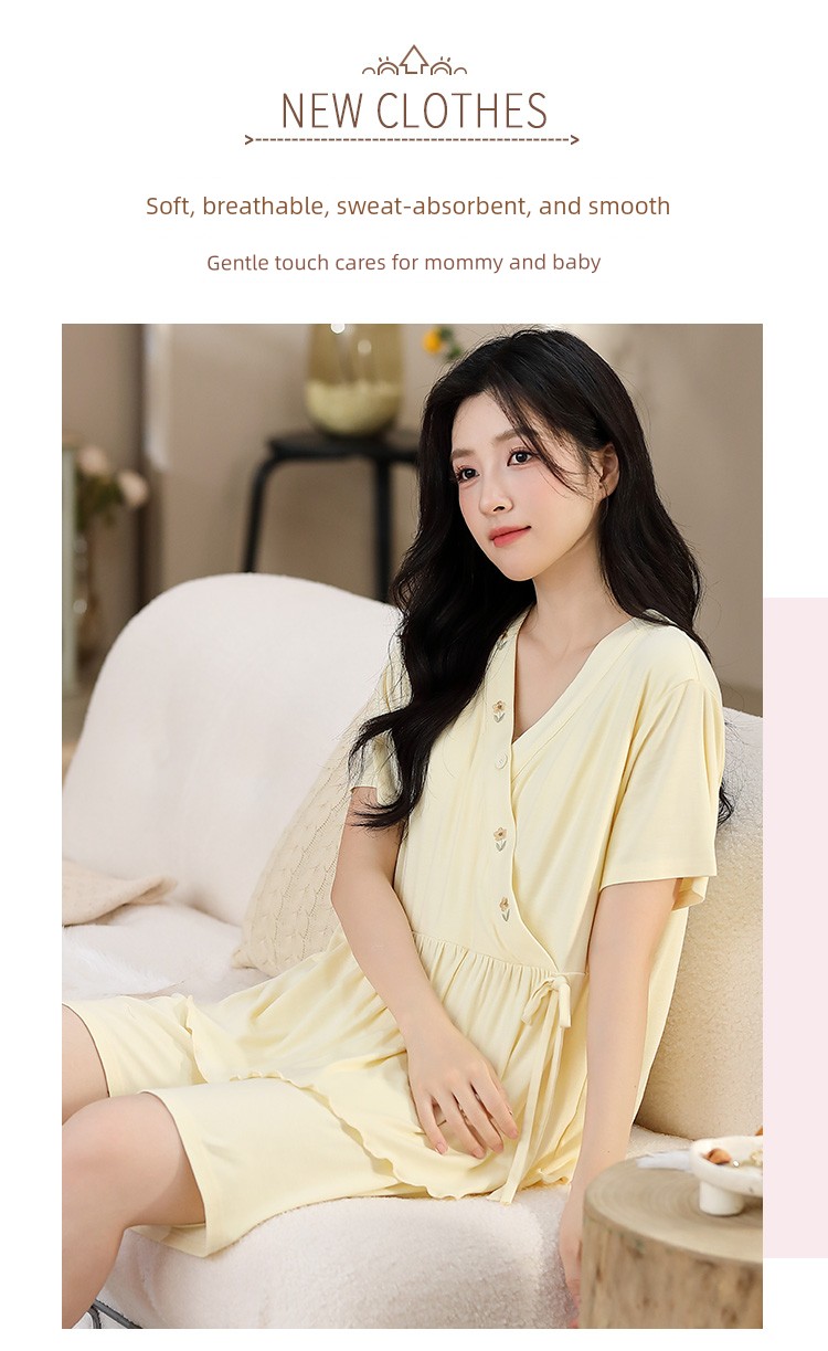 Modal Maternity Pajamas with Chest Pads for Women, Summer Thin Short-Sleeve Nursing Sleepwear for Postpartum Women, Summer Maternity Loungewear — 2