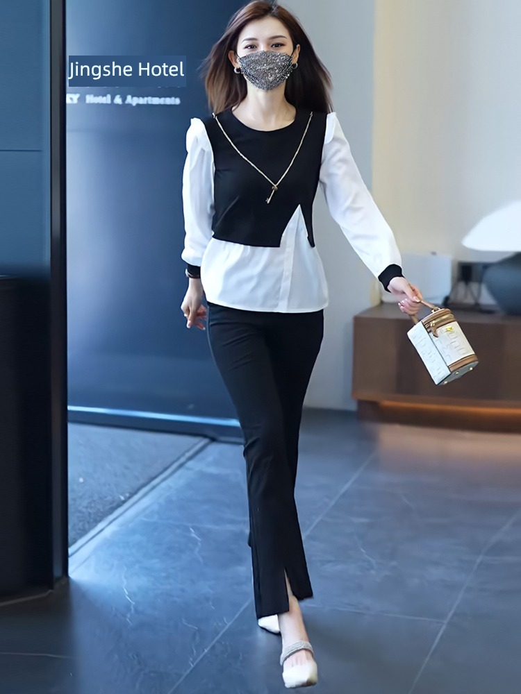 ma'am Chiffon shirt autumn Flared trousers fashion suit