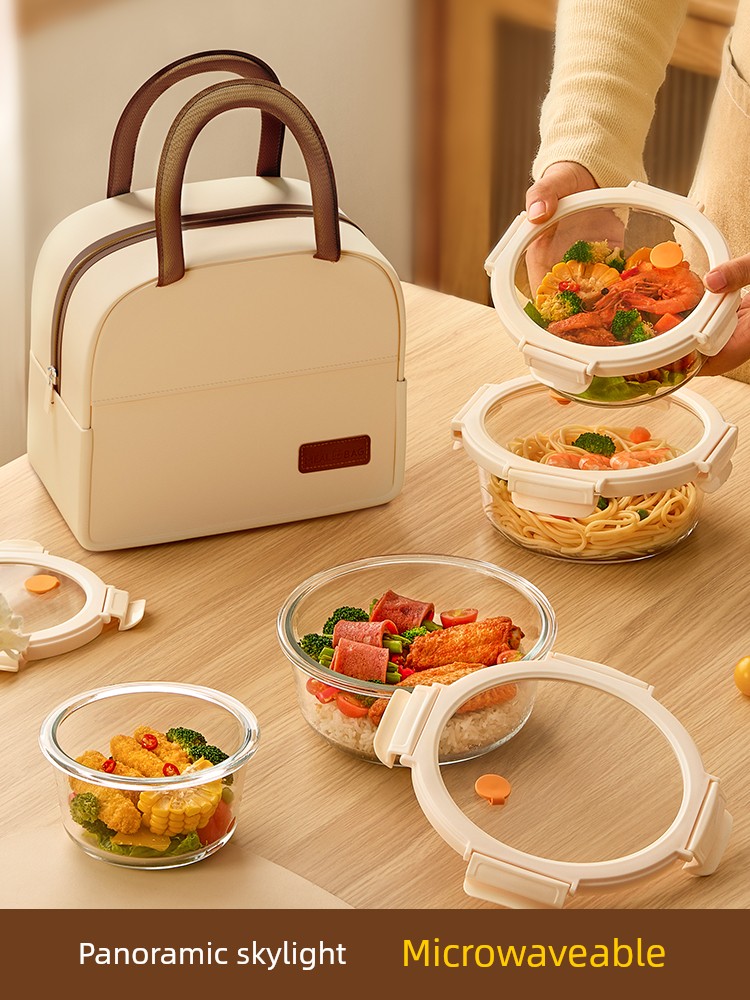 Xilekou Round Glass Lunch Box, Microwaveable, Special Sealed Bowl for Office Workers, with Lid, Fresh-Keeping Lunch Box