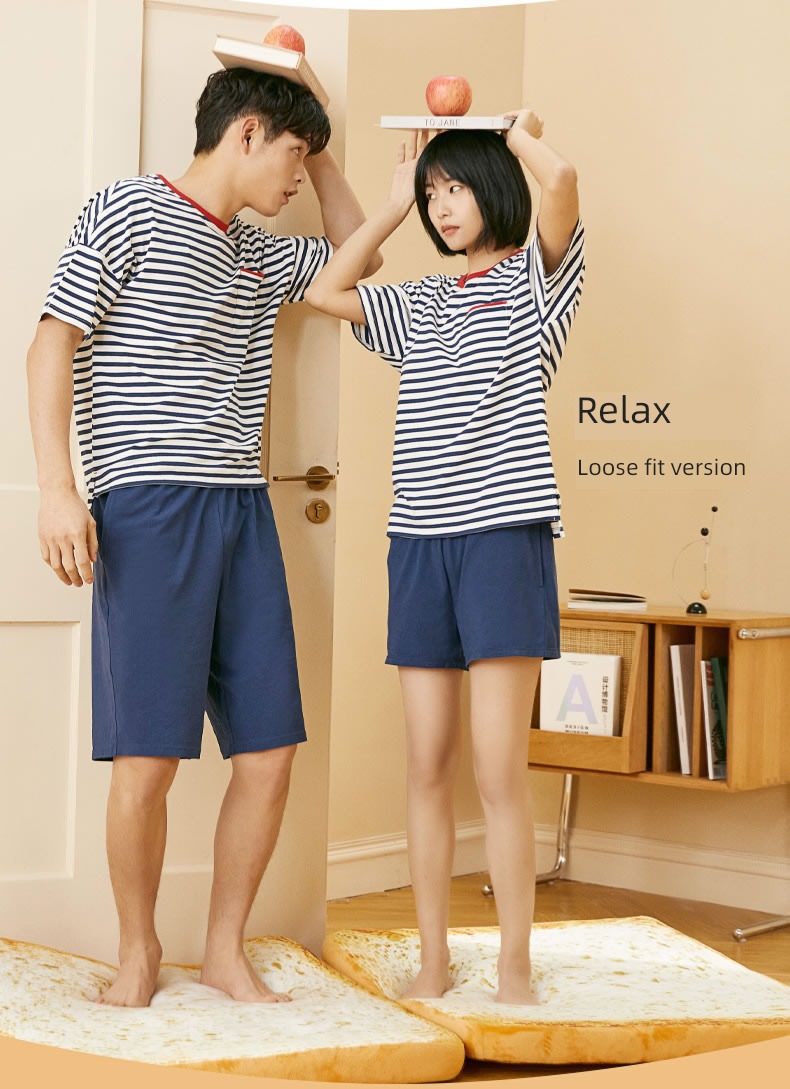 cotton material lovers Short sleeve ma'am stripe Spring and summer Red bean