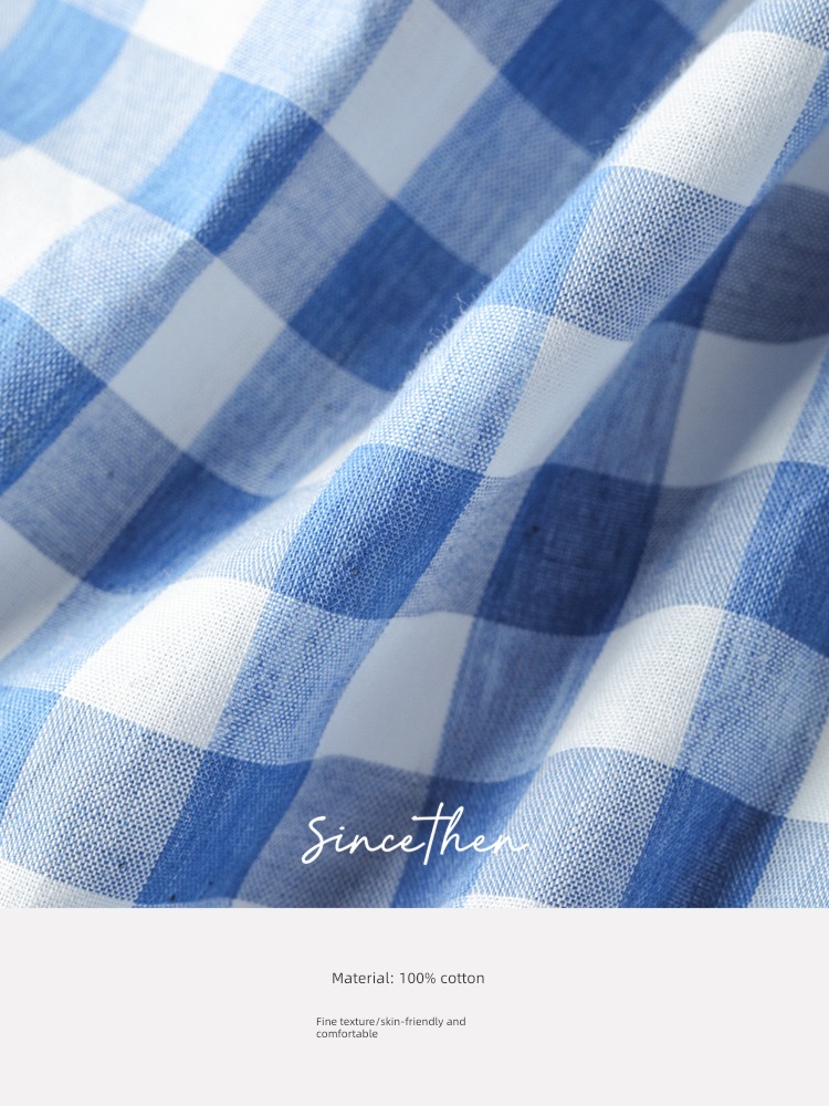 Mingdong French Retro lattice blue Long sleeve shirt