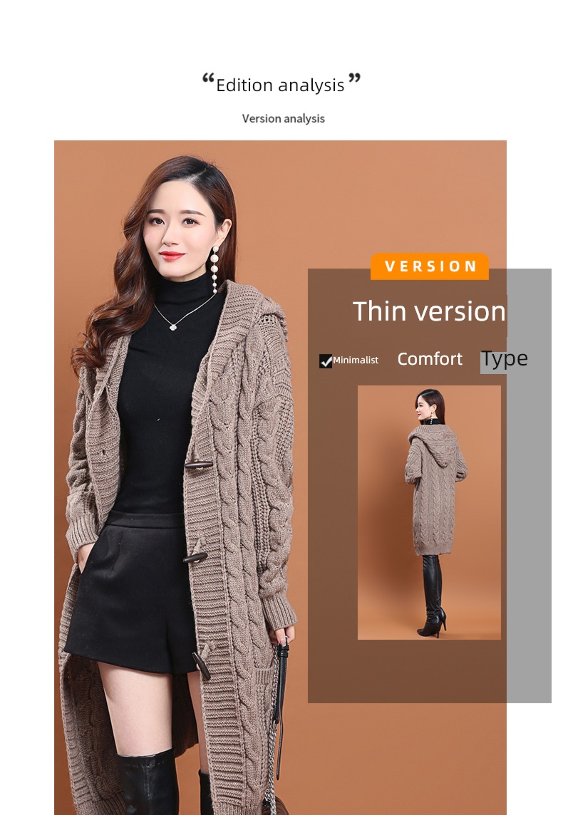 loose coat female With pocket Hemp flowers Hooded Cardigan Ox horn buckle