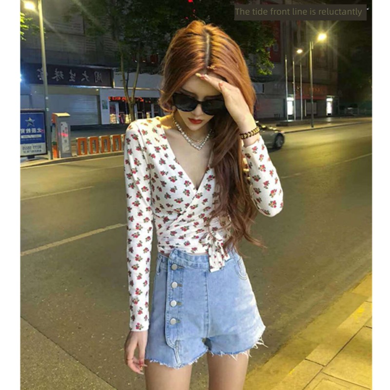Internet celebrity Kwai Fu Self-cultivation V-neck overlapping Long sleeve T-shirt Cardigan