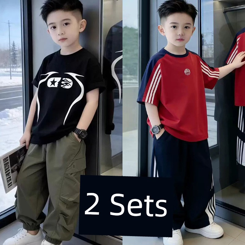 Boys' Short-Sleeve T-Shirt Set 2026 New Trendy Street Style Cool Children's Summer Outfit Boys' Clothing Big Kids Summer Two-Piece Set — 2