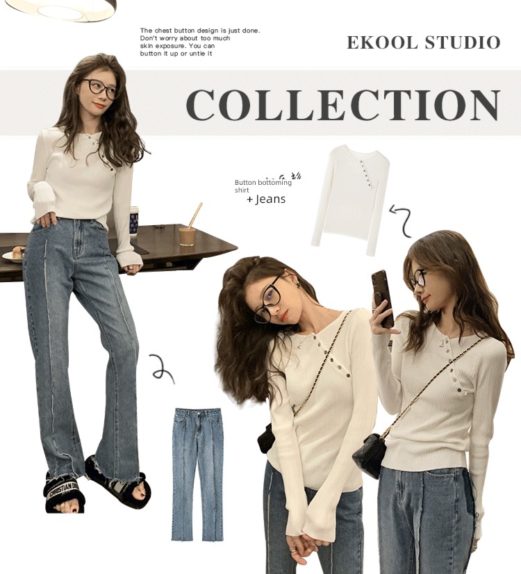 EKOOL Oblique buckle Round neck Long sleeve knitting autumn new pattern T-shirt