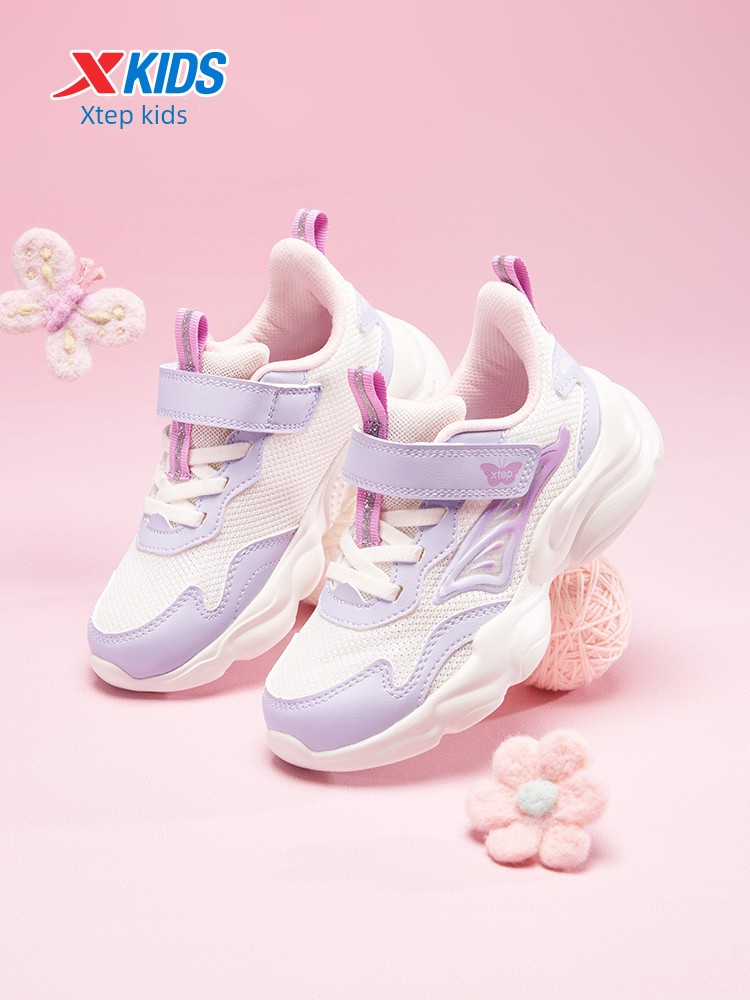 Xtep Children's Girls' Shoes 2026 New Autumn Mesh Breathable Sports Shoes with Velcro Casual Running Shoes