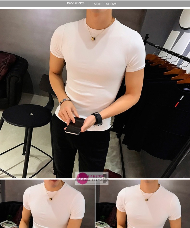 tide Tight fitting man Small round neck Solid color Short sleeve T-shirt