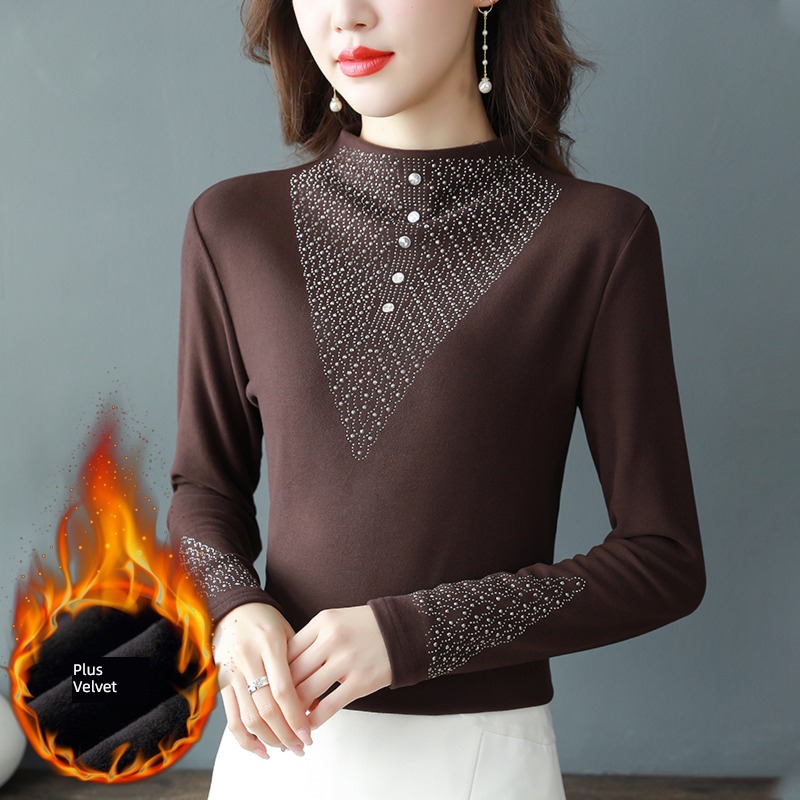 Plush thickening Derong Undershirt female Long sleeve Autumn and winter 2022 new pattern Foreign style keep warm Inner lap T-shirt Hot drilling jacket