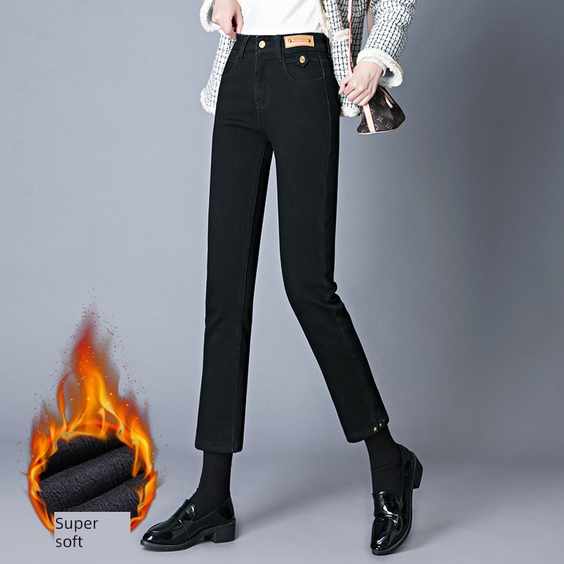 winter Nine points Women one Plush Jeans