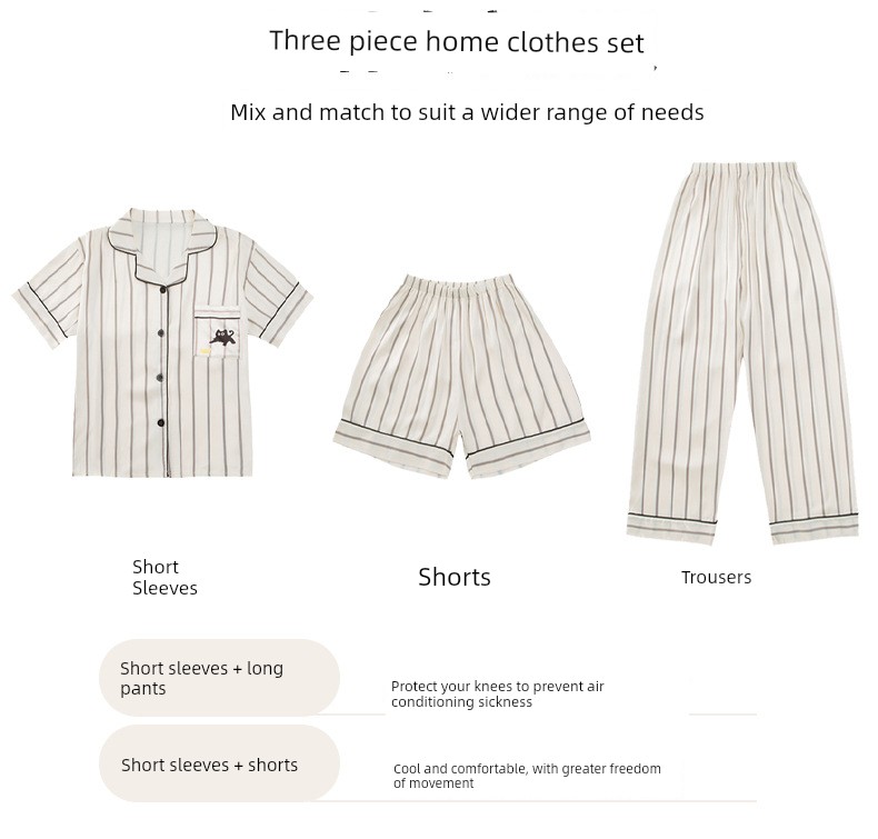 All-Cotton Pure Cotton Ice Silk Pajamas for Boys, Summer Short-Sleeve Three-Piece Set, Air-Conditioned Clothing for Older Children, 2026 New Model — 3