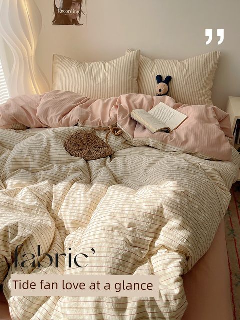 French striped bed sheet four-piece set wash quilt cover single student dormitory bed three-piece set part-of-all cotton pure cotton