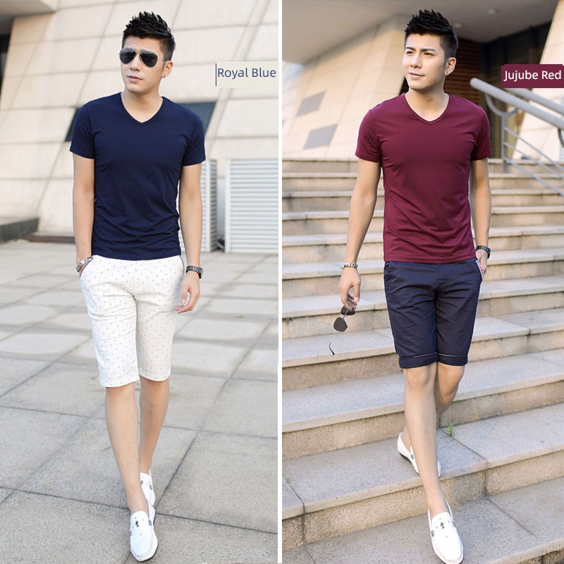 modal  mature man T-shirt V-neck Tight fitting tide Short sleeve