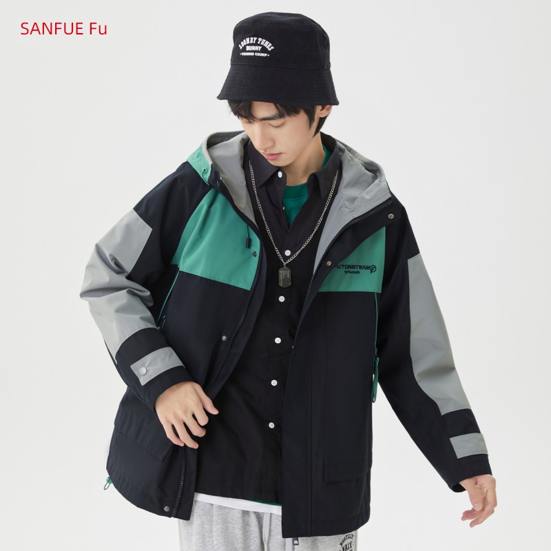 Sanfu spring Color contrast easy Splicing Hooded work clothes