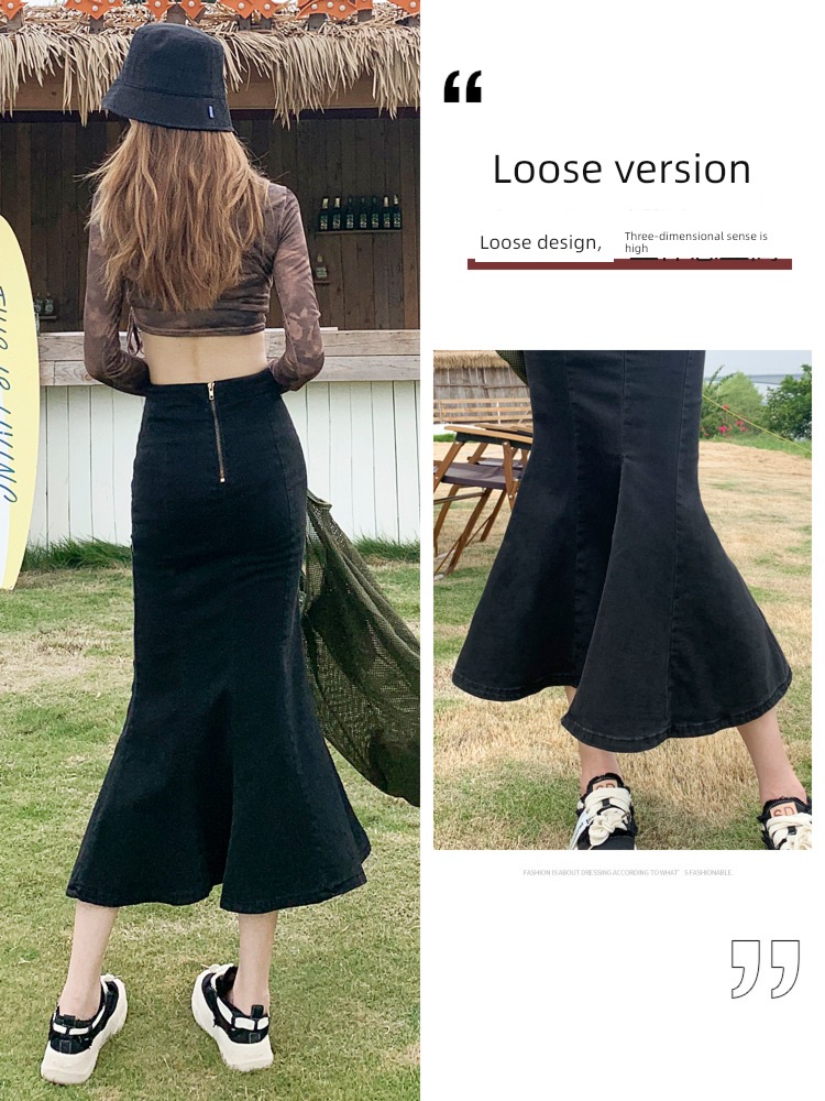 Black grey High waist Buttocks hottie Medium and long term Fishtail skirt