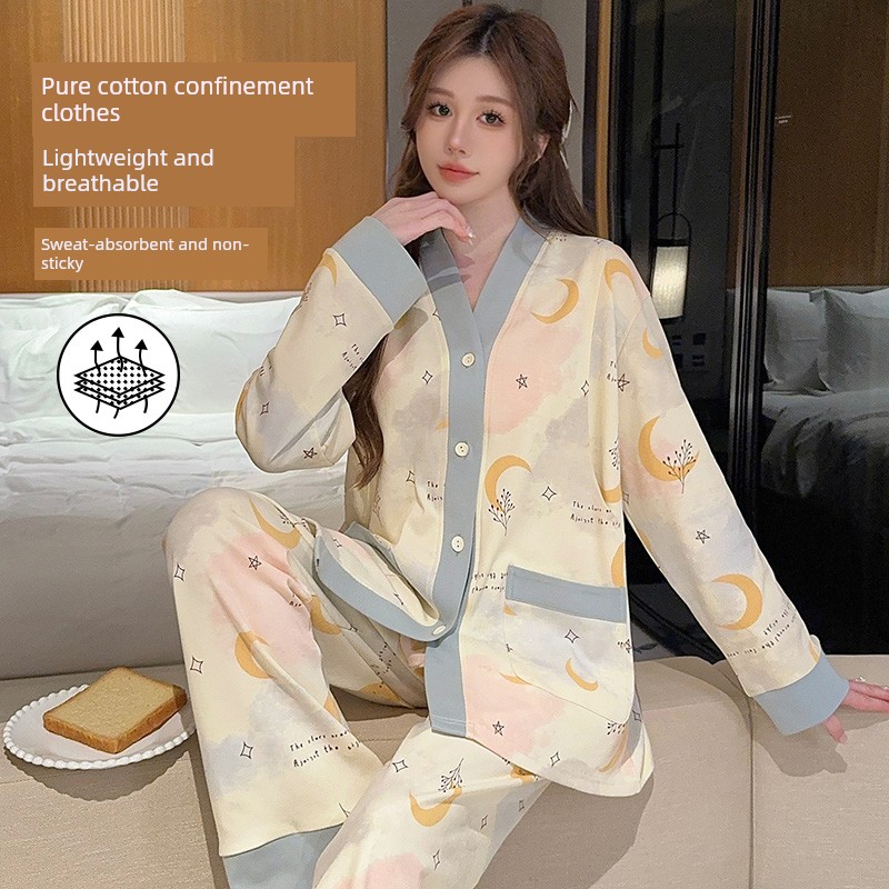 Pure Cotton Postpartum Clothing, Autumn and Winter Postpartum Nursing Pajamas for Women, Special for Breastfeeding, Spring and Autumn Maternity Home Wear, — 4