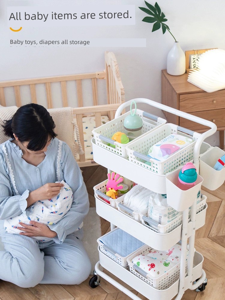 s兒童房間新生嬰兒兒用品置物架小推車可移動落地式寶寶嬭瓶多層