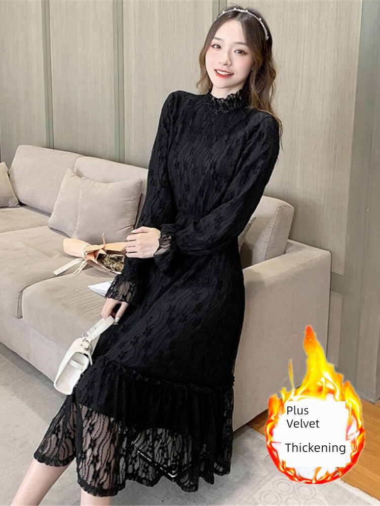 Autumn and winter Dress Tea break French Plush thickening Lace
