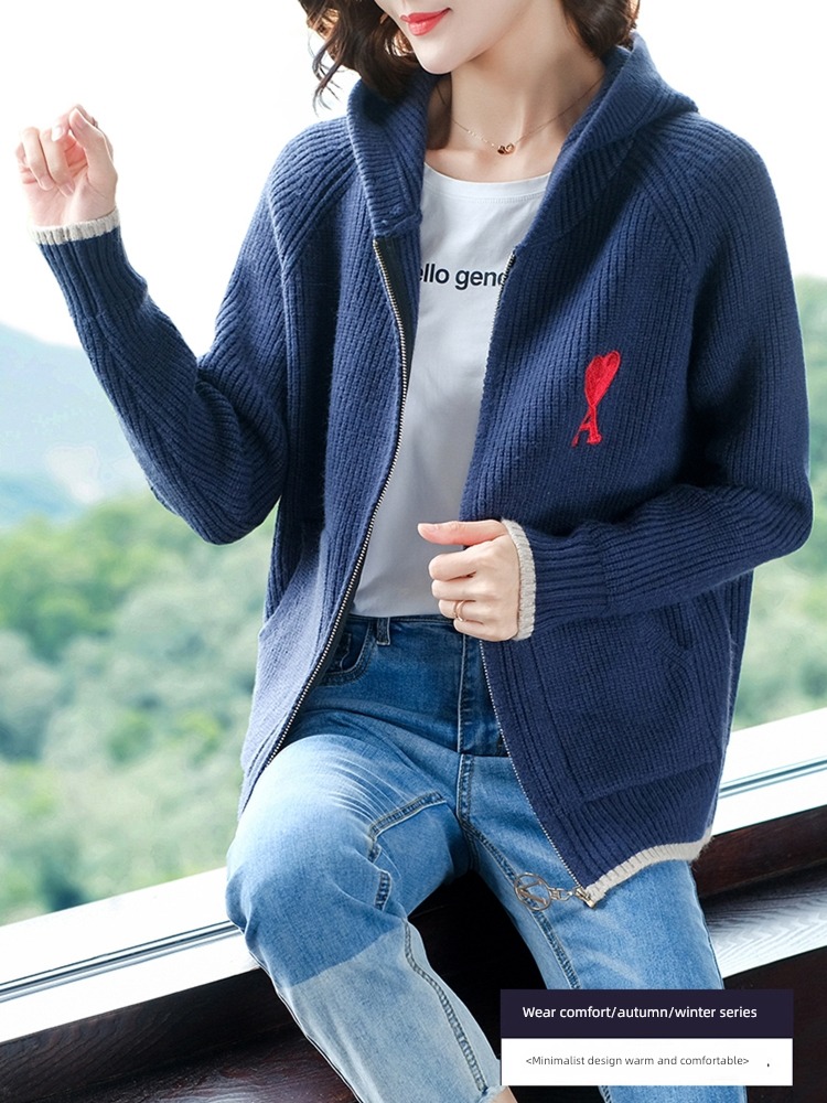 loose coat female Hooded knitting zipper jacket Embroidery Cardigan