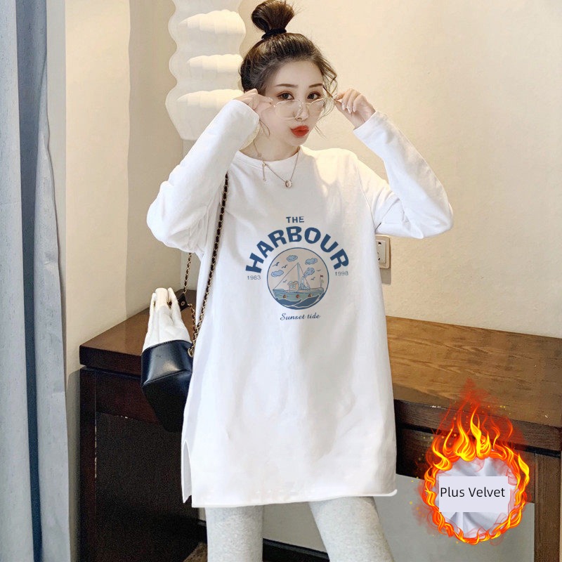white Inner lap Derong Undershirt ma'am Autumn and winter Plush Medium and long term little chap Significantly high Long sleeve T-shirt jacket