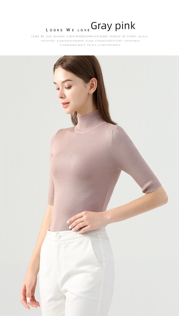 Self-cultivation Inner lap spring and autumn Half high collar black Short sleeve sweater