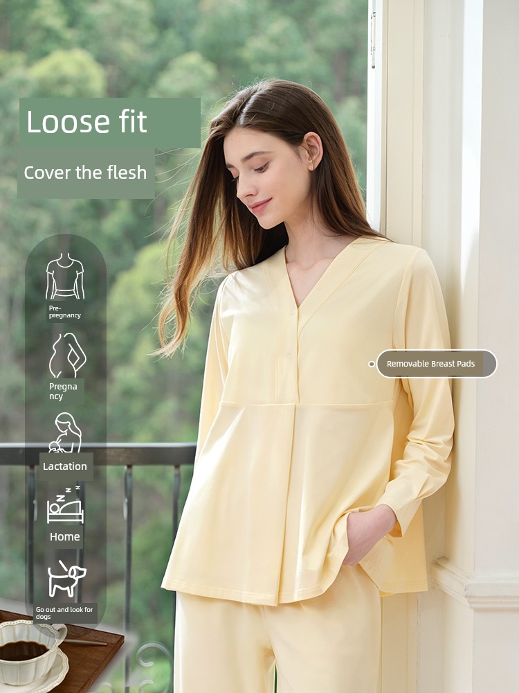 Yatemo Postpartum Clothing Pure Autumn and Winter Postpartum Cotton Maternity Pajamas Maternity Nursing Clothes Pregnancy Home Wear