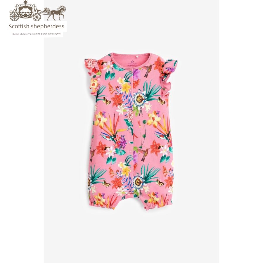 In-Stock Next Children's Clothing for Girls, Pink Floral Bird Print Sleeveless Short-Sleeve Romper Jumpsuit — 33