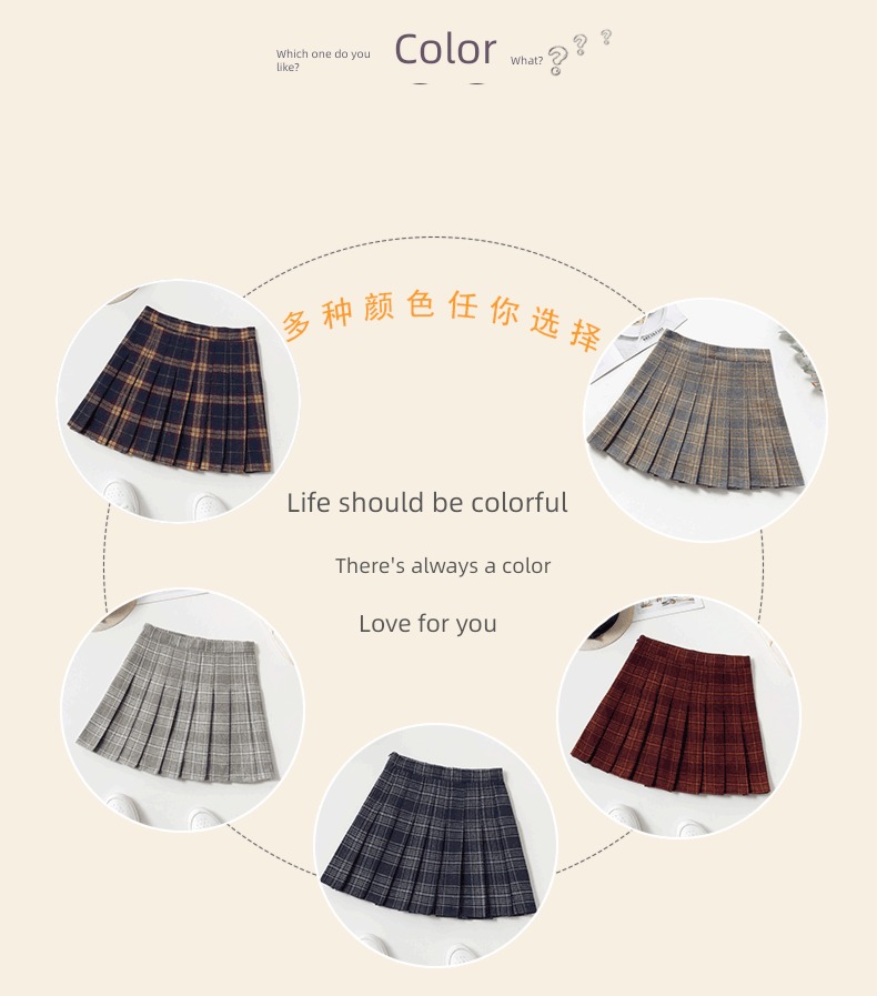 Wool lattice female Autumn and winter Academic atmosphere thickening Pleated skirt