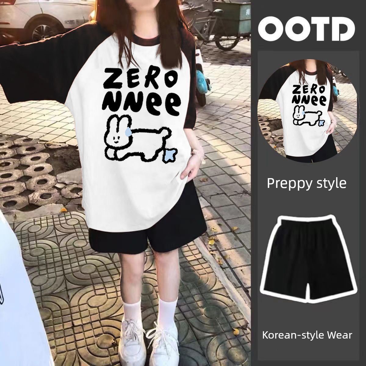 Girl Wear New Arrival Summer Two-Piece Suit Loose Short Sleeve T-shirt Top Sports Knee Length Shorts Ins Children's — 10